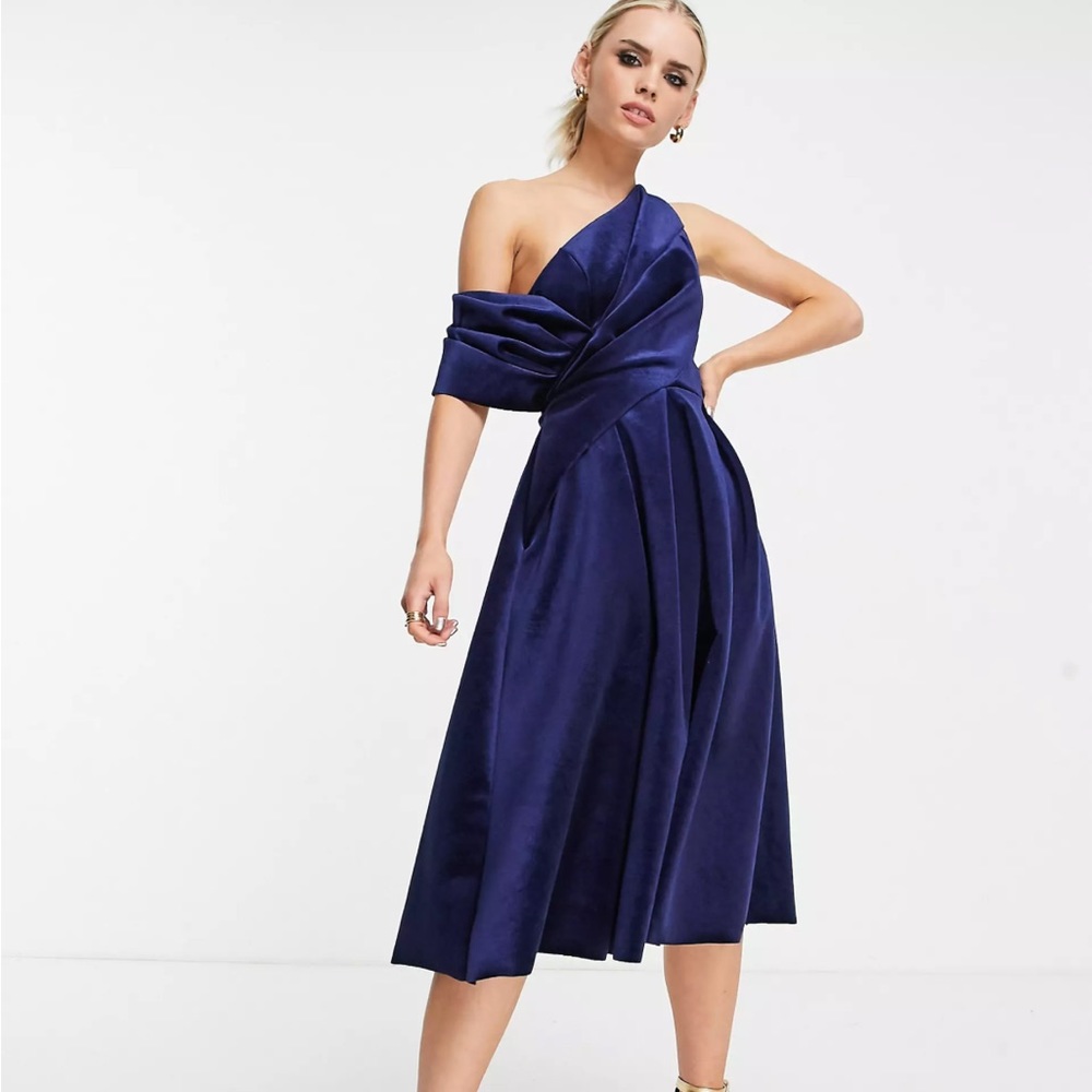 ASOS Petite Velvet Bare Shoulder Navy Midi Dress